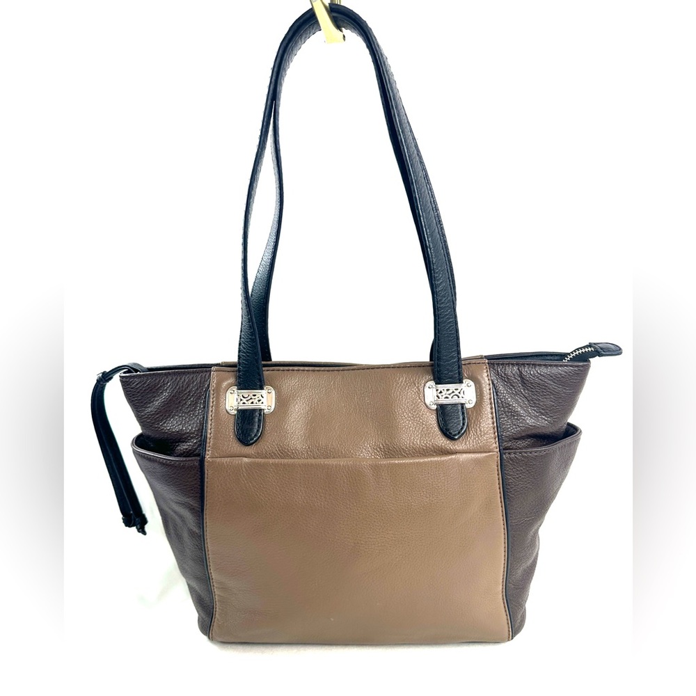 Brighton Taupe Black Large Tote Shoulder Bag Side Pockets Filigree Buckles